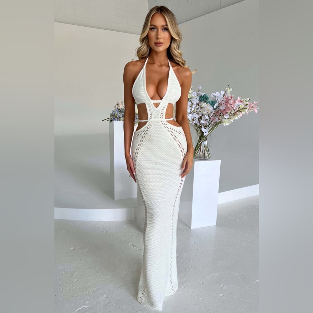 BABYBOO White Arabella Crochet Knit Maxi Dress, Size SMALL